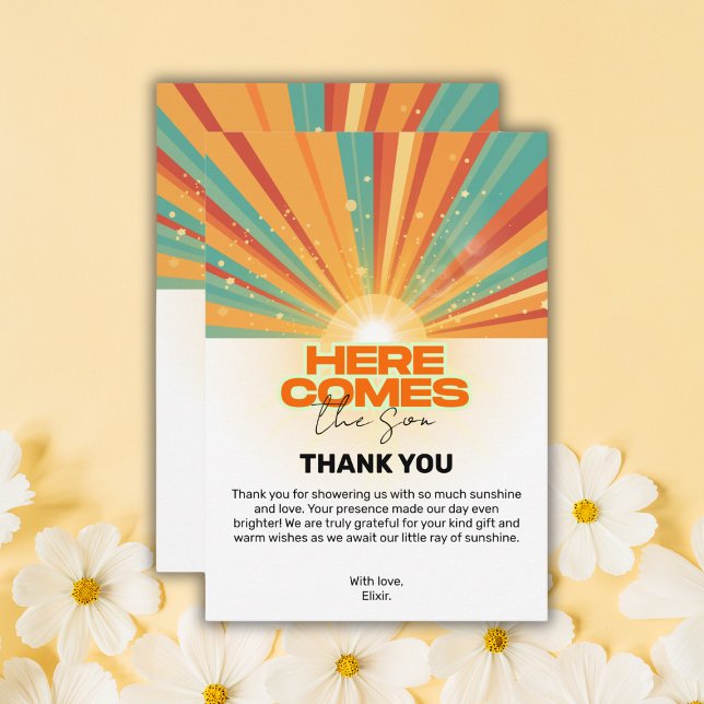 Tarjeta De Agradecimiento Retro Aquí Viene El Baby Shower Del Hijo (Subido por el creador)