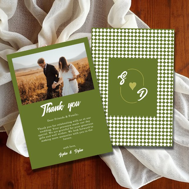 Tarjeta De Agradecimiento Retro Checker Olive green Minimalist Wedding (Subido por el creador)