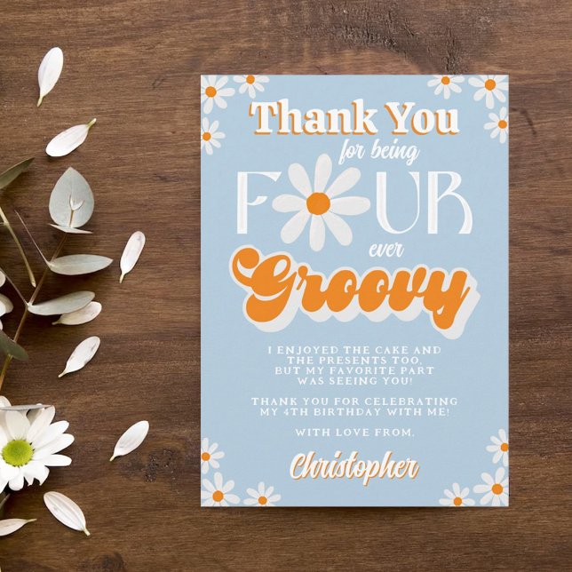 Tarjeta De Agradecimiento Retro Cuatro Niños Groovy De Cuarto Cumpleaños (Subido por el creador)