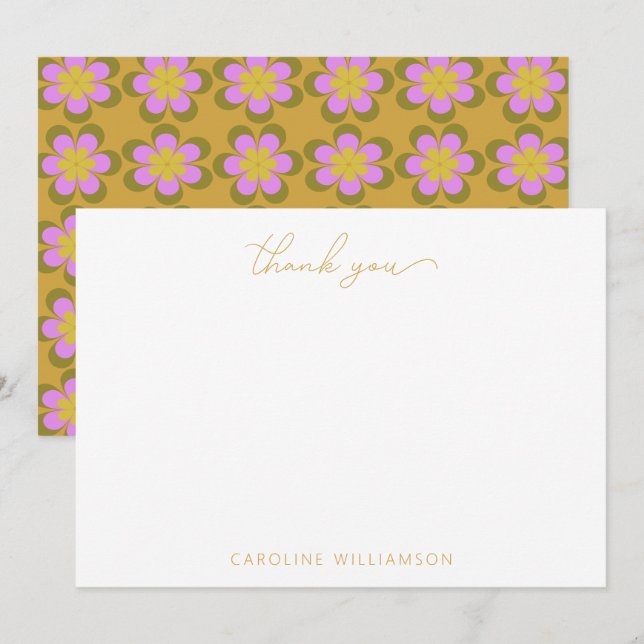 Tarjeta De Agradecimiento Retro Cute Mod Floral Amarillo Nombre personalizad (Anverso / Reverso)