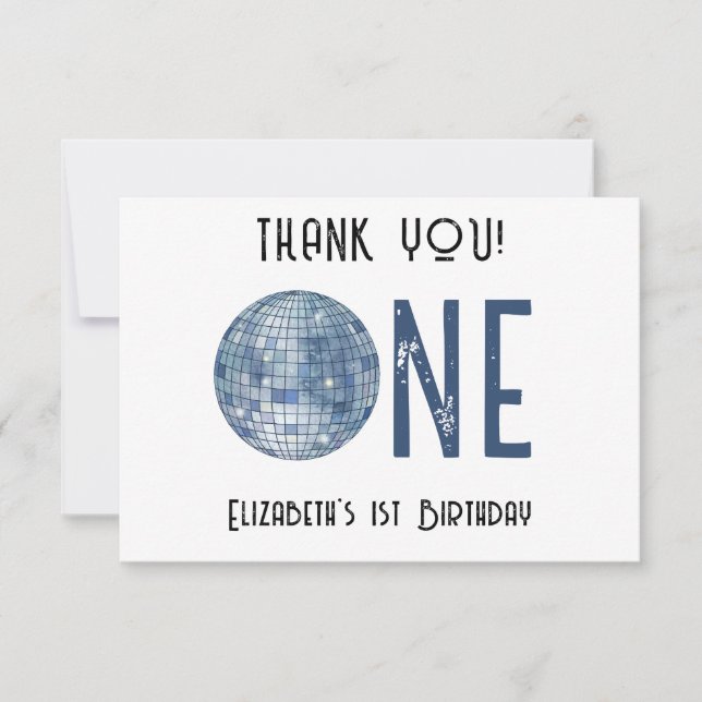 Tarjeta De Agradecimiento Retro Disco Ball First Birthday Party THANK YOU (Anverso)