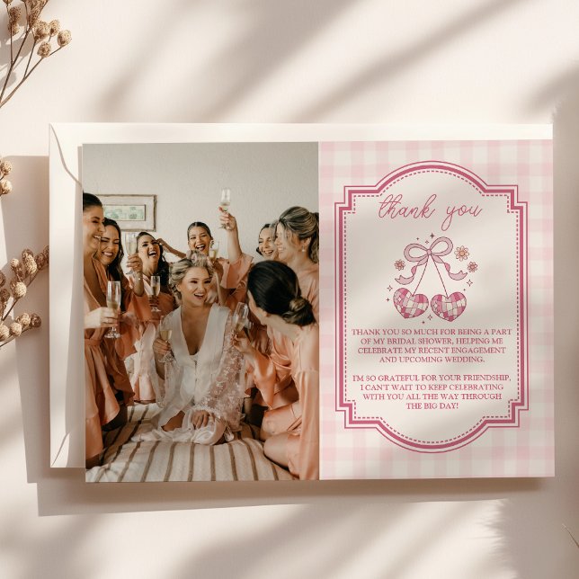 Tarjeta De Agradecimiento Retro Disco Photo Cute Pink Bow Bridal Shower (Subido por el creador)