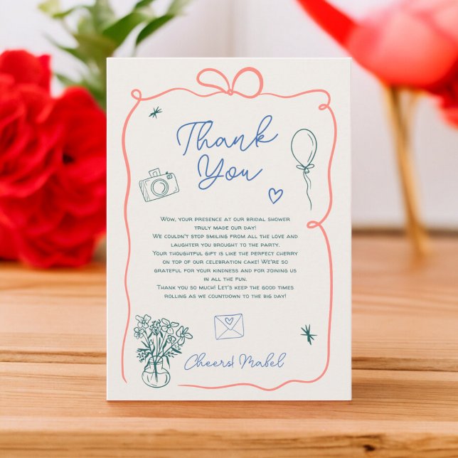 Tarjeta De Agradecimiento Retro french con ducha de novia ilustrada a mano (Retro french hand drawn illustrated bridal shower thank you card)