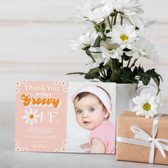Tarjeta De Agradecimiento Retro Groovy Un Chica foto de primer cumpleaños (Subido por el creador)