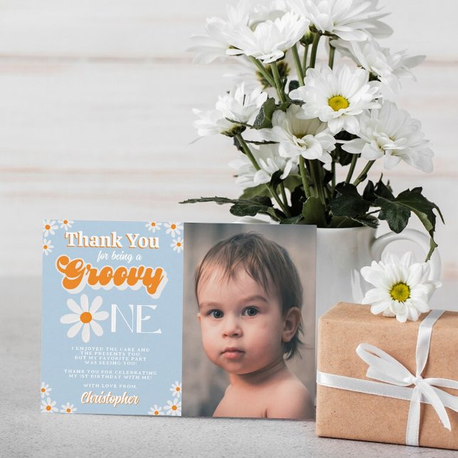 Tarjeta De Agradecimiento Retro Groovy Un niño foto de primer cumpleaños (Subido por el creador)
