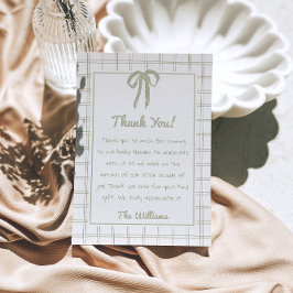 Tarjeta De Agradecimiento Retro Hand Drawn Green Gingham Bow Baby Shower