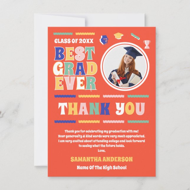 Tarjeta De Agradecimiento Retro Mejor Grado Foto Graduación Roja (Anverso)