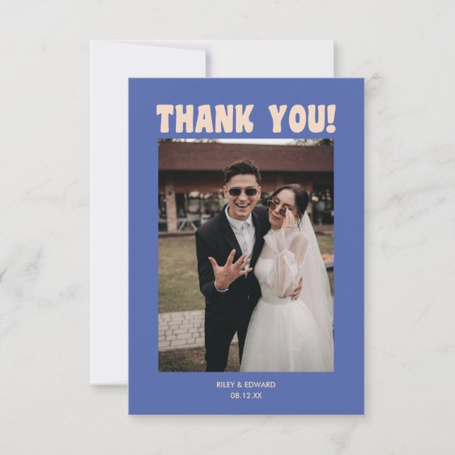 Tarjeta De Agradecimiento Retro Modern Bold Typography Blue Wedding Photo (Anverso)