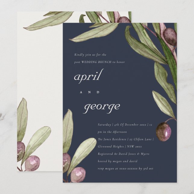 TARJETA DE AGRADECIMIENTO RETRO NAVY OLIVE FOLIAGE POST BODA BRUNH INVITE (Anverso / Reverso)