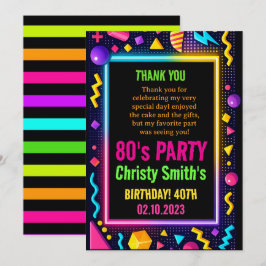 Tarjeta De Agradecimiento Retro Neon 80s Birthday Adult Party