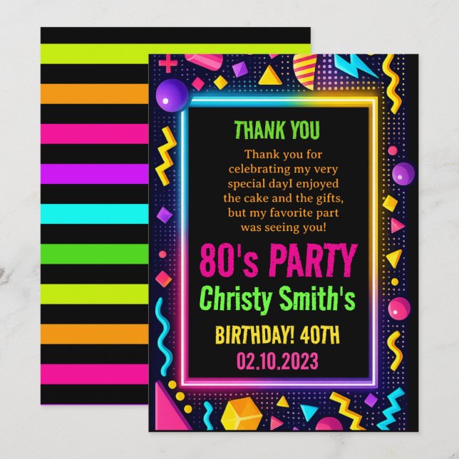 Tarjeta De Agradecimiento Retro Neon 80s Birthday Adult Party (Anverso / Reverso)