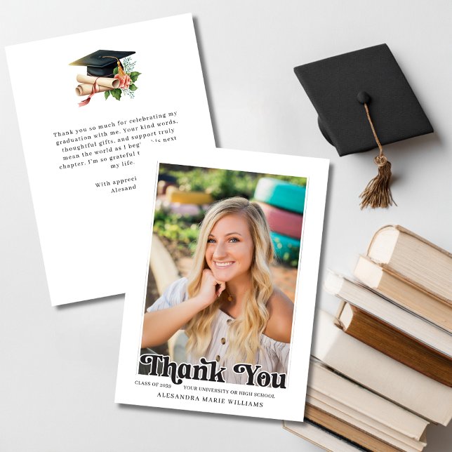 Tarjeta De Agradecimiento Retro Script Photo Graduation (Retro Script Photo Graduation Thank You Card)