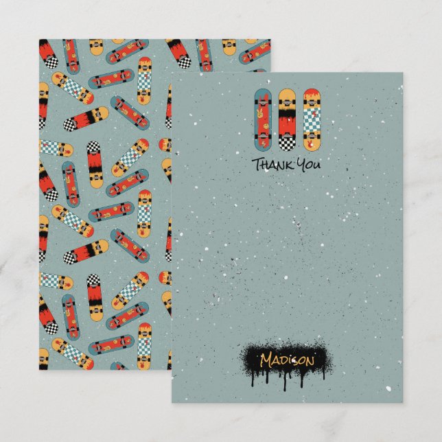 Tarjeta De Agradecimiento Retro Skateboard Blue Guay Custom Name Kids (Anverso / Reverso)