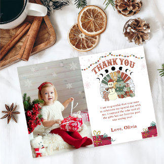 Tarjeta De Agradecimiento Retro Winter Snowman Árbol de Navidad Foto de cump