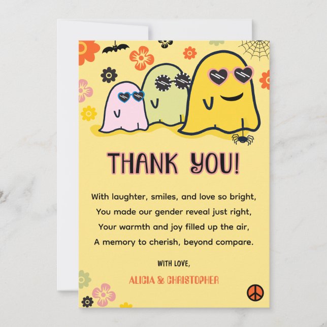 Tarjeta De Agradecimiento Revelación de género de Booy o Ghoul Groovy Ghost  (Anverso)