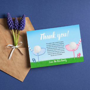 Tarjeta De Agradecimiento Revelación de género de golf azul o rosa para baby