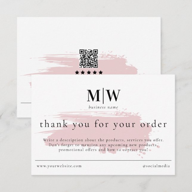 Tarjeta De Agradecimiento Review Order Packaging Insert Pink Monogram Info (Anverso / Reverso)