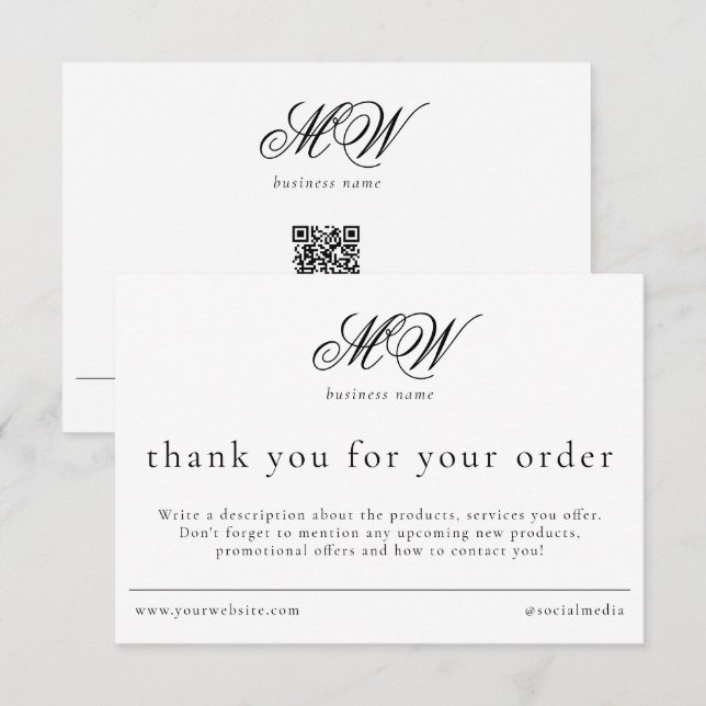 Tarjeta De Agradecimiento Review Order Packaging Insert Script Monogram (Anverso / Reverso)
