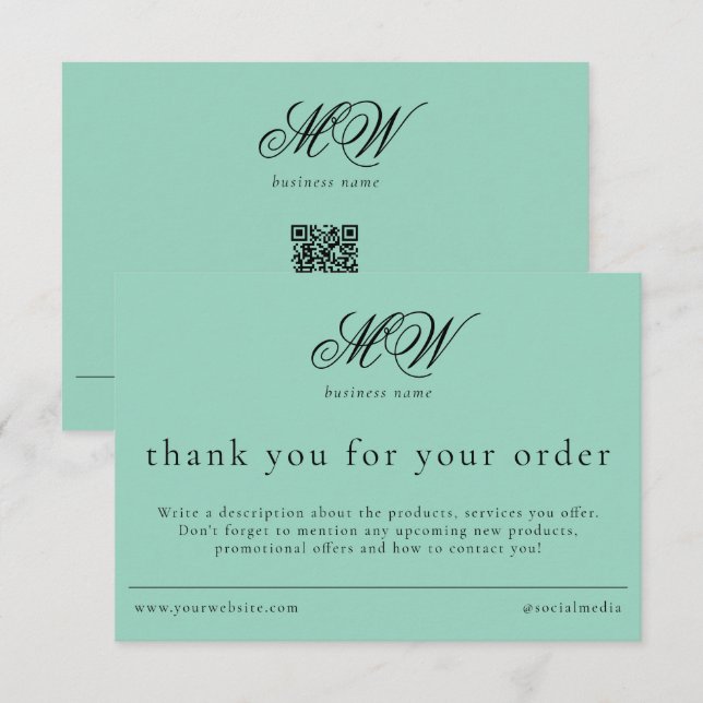Tarjeta De Agradecimiento Review Order Packaging Insert Script Monogram Teal (Anverso / Reverso)