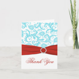Tarjeta De Agradecimiento RIBBON Aqua White Red Damask Gracias