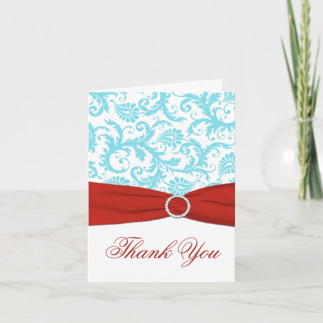 Tarjeta De Agradecimiento RIBBON Aqua White Red Damask Gracias (Anverso)
