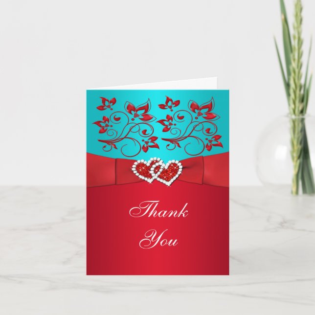 Tarjeta De Agradecimiento RIBBON Aqua White Red Floral Gracias (Anverso)