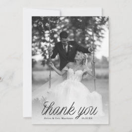 Tarjeta De Agradecimiento Ribbon Black Script Minimalist Wedding Photo
