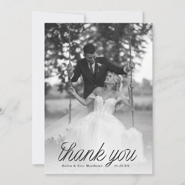 Tarjeta De Agradecimiento Ribbon Black Script Minimalist Wedding Photo  (Anverso)