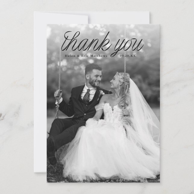 Tarjeta De Agradecimiento Ribbon Black Script Top Minimalist Wedding Photo  (Anverso)