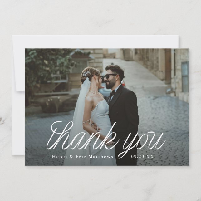 Tarjeta De Agradecimiento Ribbon Script Minimalist Wedding Photo  (Anverso)