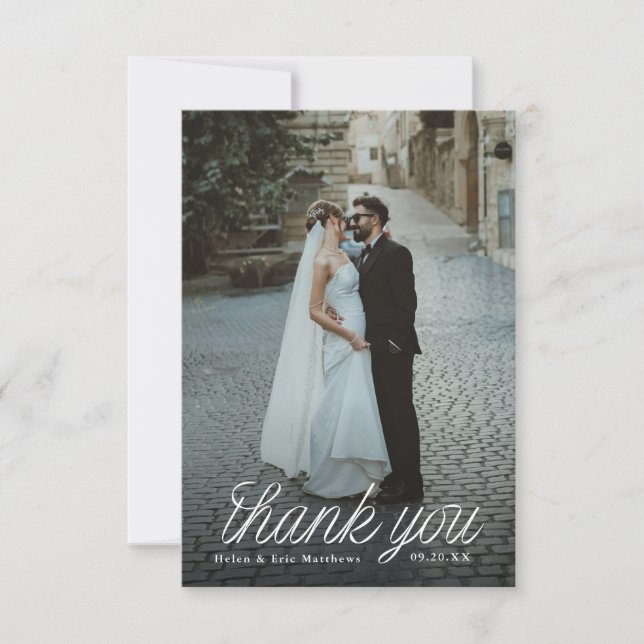 Tarjeta De Agradecimiento Ribbon Script Minimalist Wedding Photo Small (Anverso)