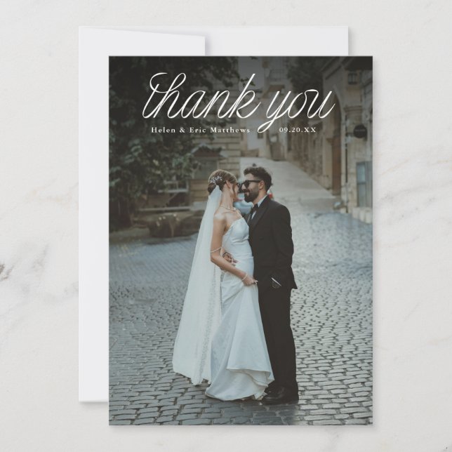 Tarjeta De Agradecimiento Ribbon Script Top Minimalist Wedding Photo  (Anverso)