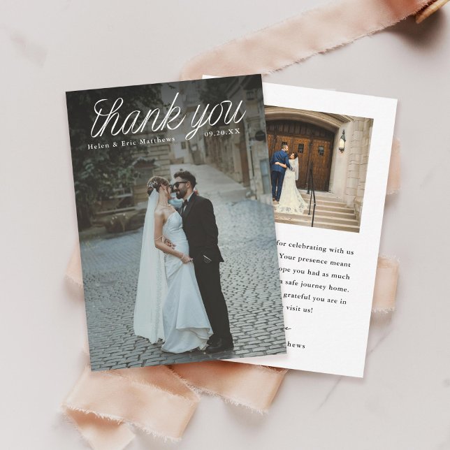 Tarjeta De Agradecimiento Ribbon Script Top Minimalist Wedding Photo Small (Subido por el creador)