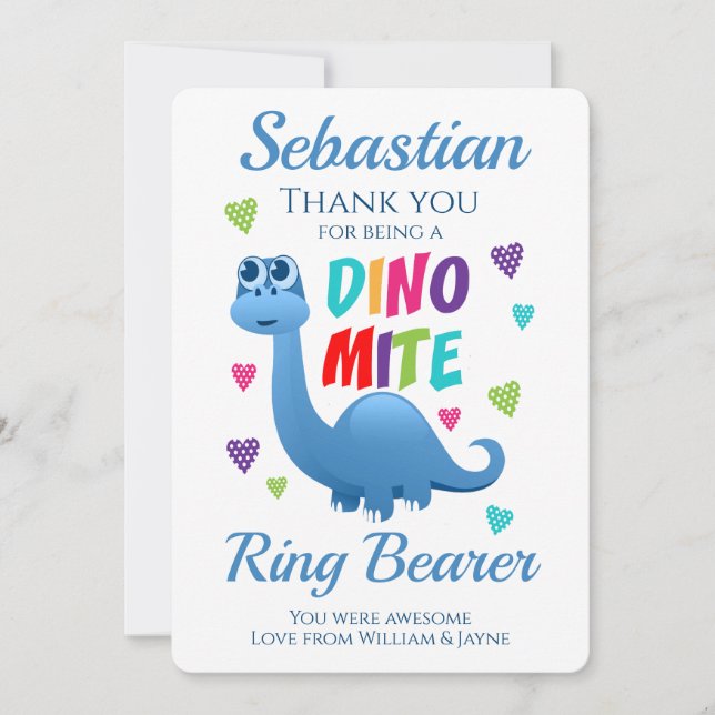 Tarjeta De Agradecimiento Ring Bearer Page Boy Gracias Dinosaur (Anverso)