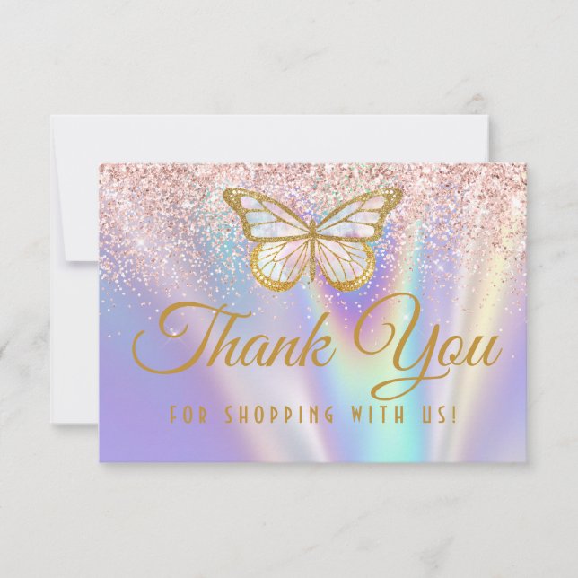 Tarjeta De Agradecimiento Rocío Pastel Rosa Lila Mariposa Purpurina Brillant (Anverso)