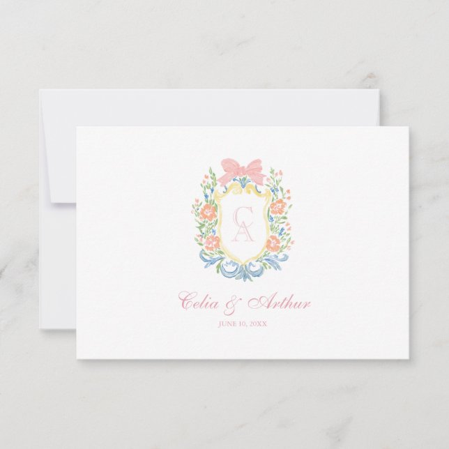 Tarjeta De Agradecimiento Rococo Floral Monogram Crest Wedding (Anverso)
