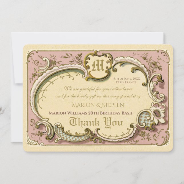 Tarjeta De Agradecimiento Rococo francés elegante marco antiguo dorado rosad (Anverso)