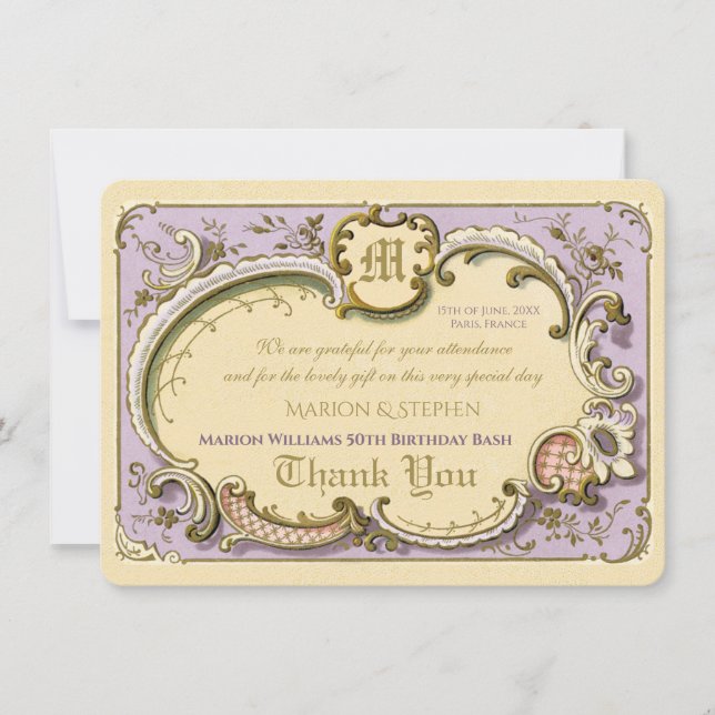 Tarjeta De Agradecimiento Rococo francés elegante marco antiguo Lilac dorado (Anverso)