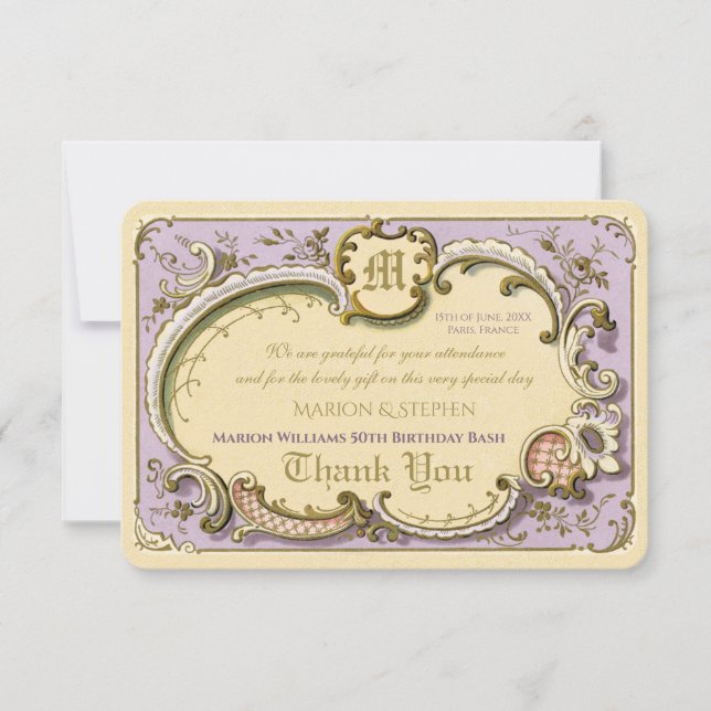 Tarjeta De Agradecimiento Rococo francés elegante marco antiguo Lilac dorado (Anverso)