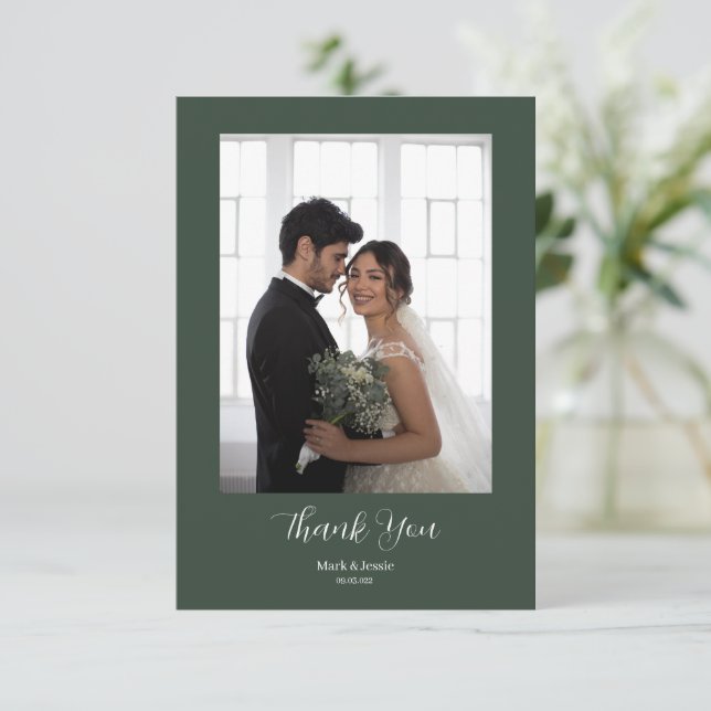 Tarjeta De Agradecimiento ROE Dusky Green & White Simple Photo Boda (Anverso de pie)