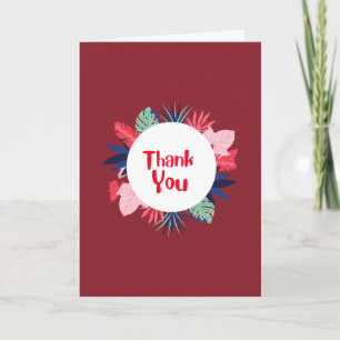 Tarjeta de agradecimiento roja con flores tropical