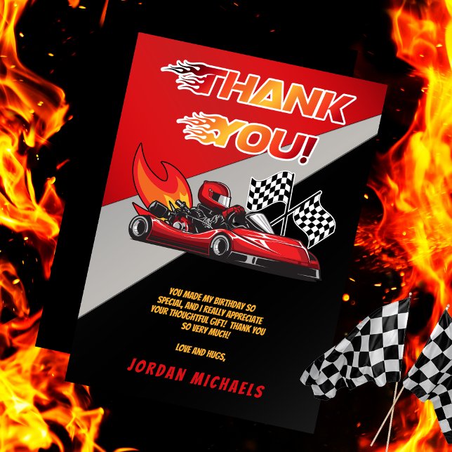 Tarjeta De Agradecimiento Roja | Cumpleaños de la Carreras Black Go Kart (Red and Black Go Kart Racing Kid's Birthday Party Thank You Card)