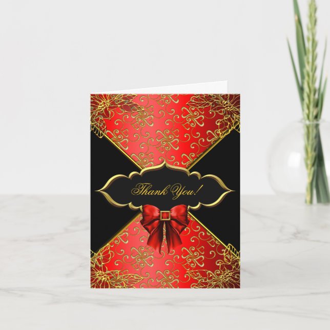 Tarjeta de agradecimiento roja negra dorada Damask (Anverso)