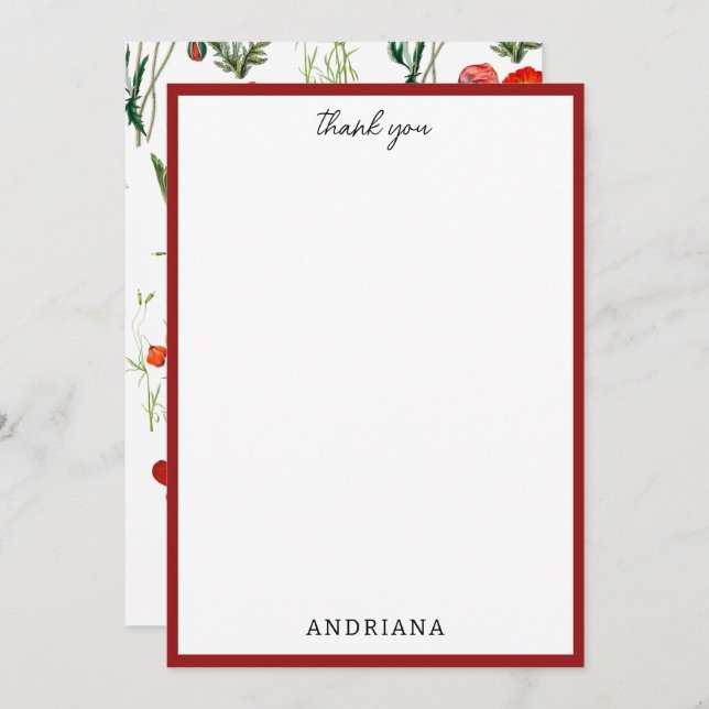 Tarjeta De Agradecimiento Rojo acuarela Poppies Florals Gracias (Anverso / Reverso)