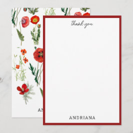 Tarjeta De Agradecimiento Rojo acuarela Poppies Florals Gracias