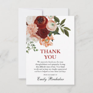 Tarjeta De Agradecimiento Rojo Borgoña Polvoriento Terracota Floral Funeral