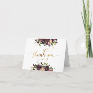 Tarjeta De Agradecimiento Rojo Borgoña y Floral Rosado, Dorado Gracias Scrip