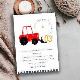 Tarjeta De Agradecimiento Rojo Brillante Amarillo Excavadora Cumpleaños Niño