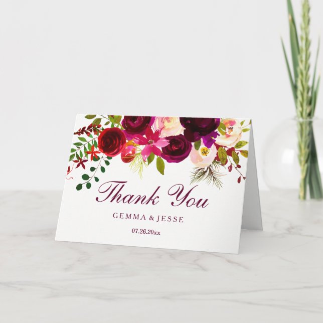 Tarjeta De Agradecimiento Rojo Burdeos Floral Boho Boda Agradecer (Anverso)