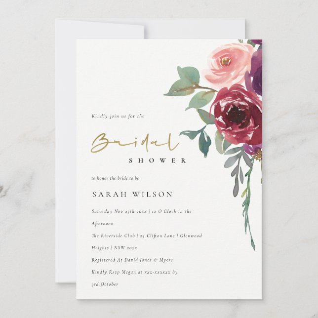 TARJETA DE AGRADECIMIENTO ROJO BURGUNDY PEACH FLORAL BRIDAL SHOWER INVITE (Anverso)